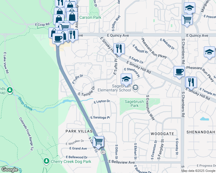 map of restaurants, bars, coffee shops, grocery stores, and more near 4624 South Crystal Way in Aurora