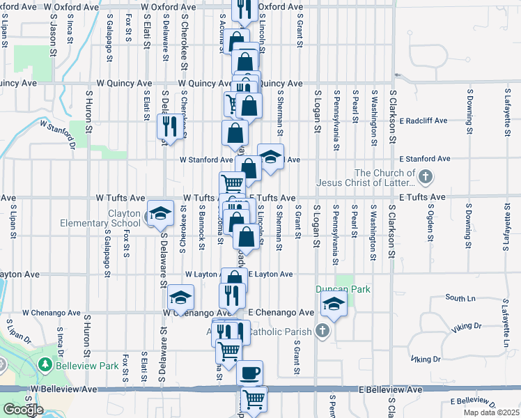map of restaurants, bars, coffee shops, grocery stores, and more near 4600 South Lincoln Street in Englewood