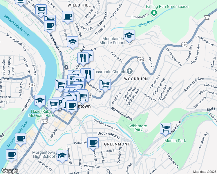 map of restaurants, bars, coffee shops, grocery stores, and more near 675 Willey Street in Morgantown