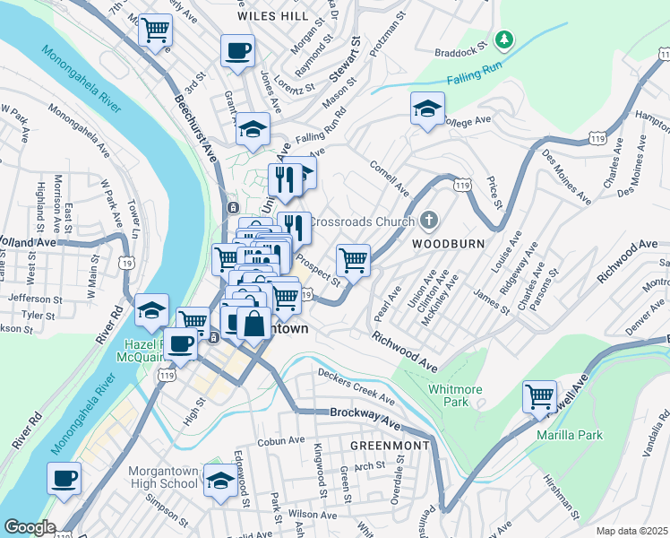 map of restaurants, bars, coffee shops, grocery stores, and more near 274 Wiles Street in Morgantown