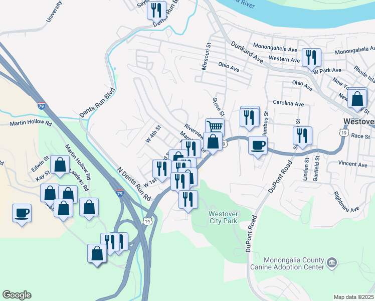 map of restaurants, bars, coffee shops, grocery stores, and more near 22 Fairmor Drive in Westover