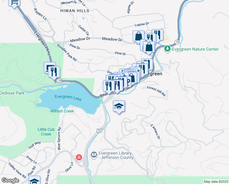 map of restaurants, bars, coffee shops, grocery stores, and more near 28245 Colorado 74 in Evergreen