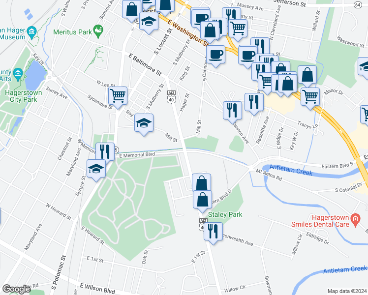 map of restaurants, bars, coffee shops, grocery stores, and more near 457 Frederick Street in Hagerstown