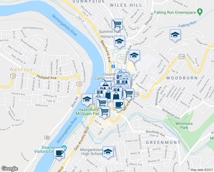 map of restaurants, bars, coffee shops, grocery stores, and more near 29 Beechurst Avenue in Morgantown