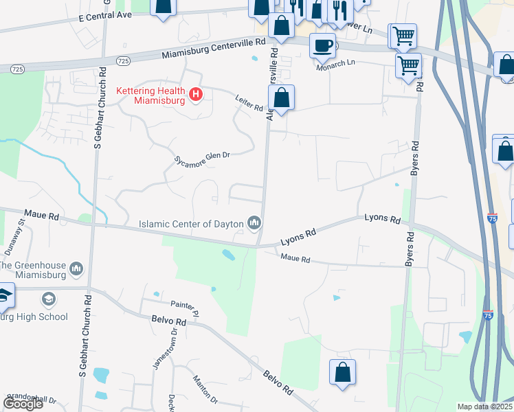 map of restaurants, bars, coffee shops, grocery stores, and more near 2298 Limestone Way in Miamisburg