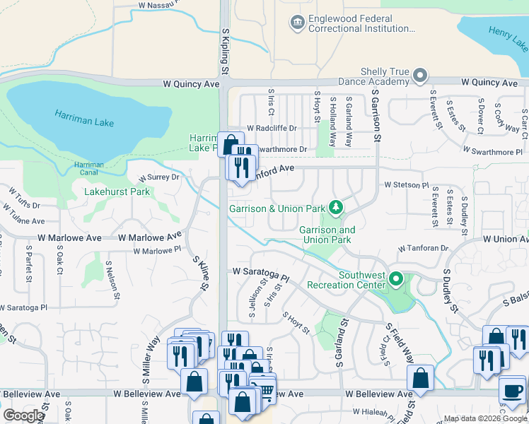 map of restaurants, bars, coffee shops, grocery stores, and more near 4613 South Jellison Street in Littleton