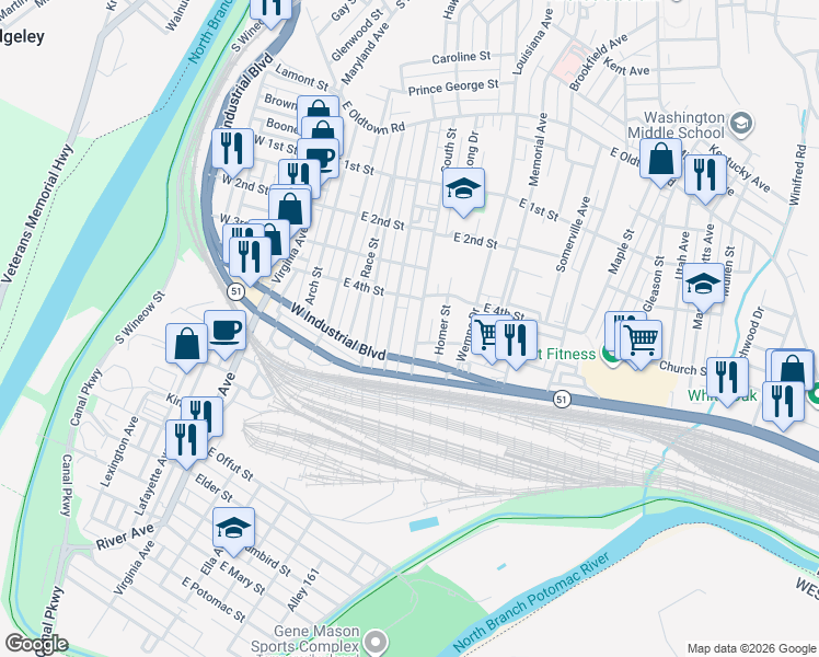 map of restaurants, bars, coffee shops, grocery stores, and more near 416 Pennsylvania Avenue in Cumberland