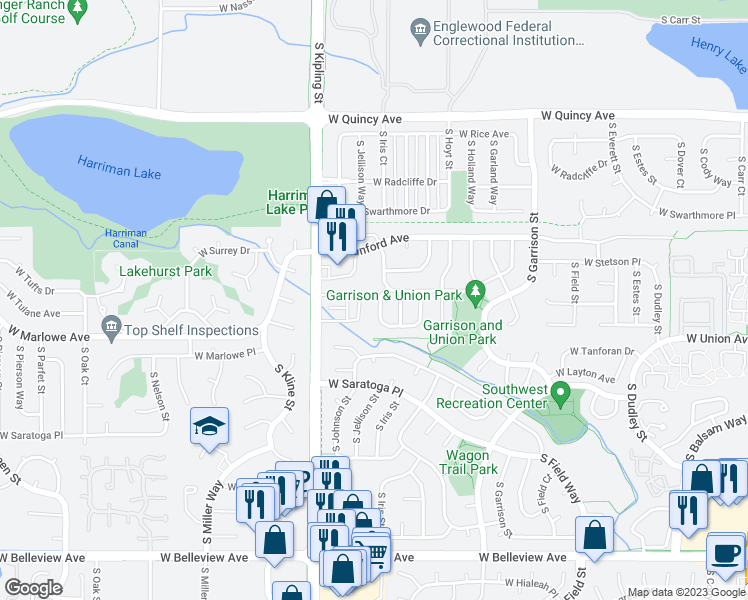 map of restaurants, bars, coffee shops, grocery stores, and more near 4623 South Jellison Street in Littleton