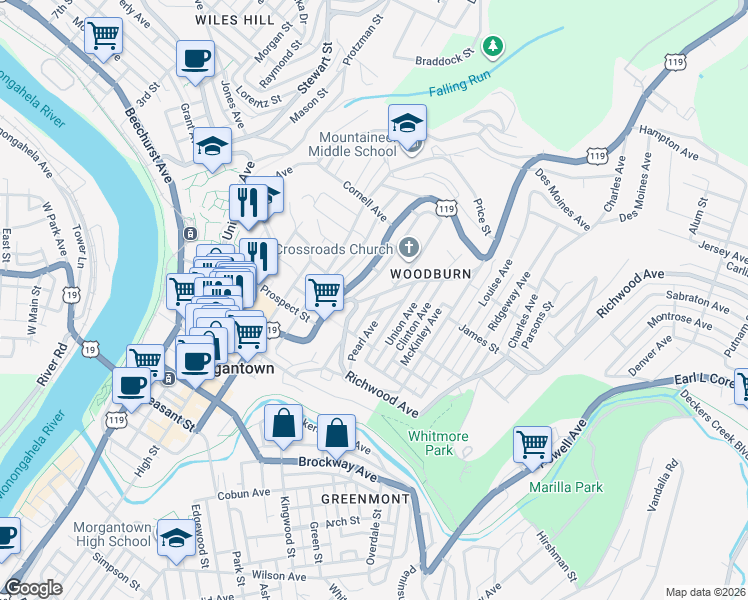 map of restaurants, bars, coffee shops, grocery stores, and more near 716 Snider Street in Morgantown