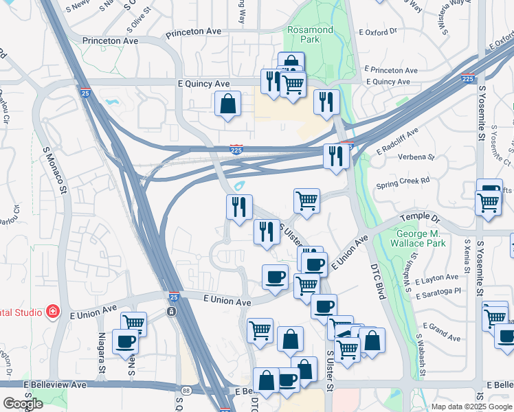 map of restaurants, bars, coffee shops, grocery stores, and more near 4582 South Ulster Street in Denver