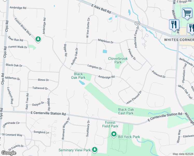 map of restaurants, bars, coffee shops, grocery stores, and more near 1615 Ambridge Road in Dayton