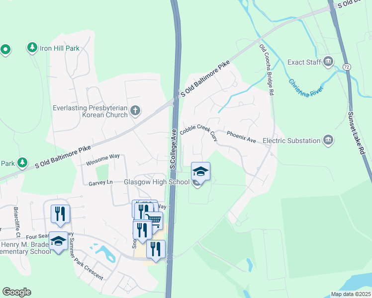 map of restaurants, bars, coffee shops, grocery stores, and more near 401-409 Cobble Creek Curve in Newark