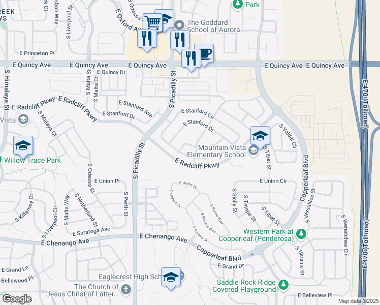 map of restaurants, bars, coffee shops, grocery stores, and more near 21664 East Stanford Drive in Aurora