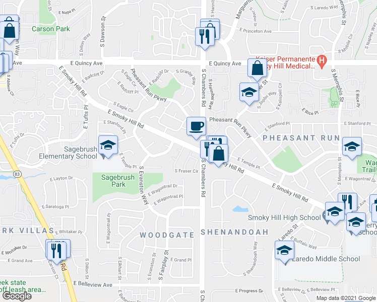 map of restaurants, bars, coffee shops, grocery stores, and more near 15271 East Smoky Hill Road in Aurora