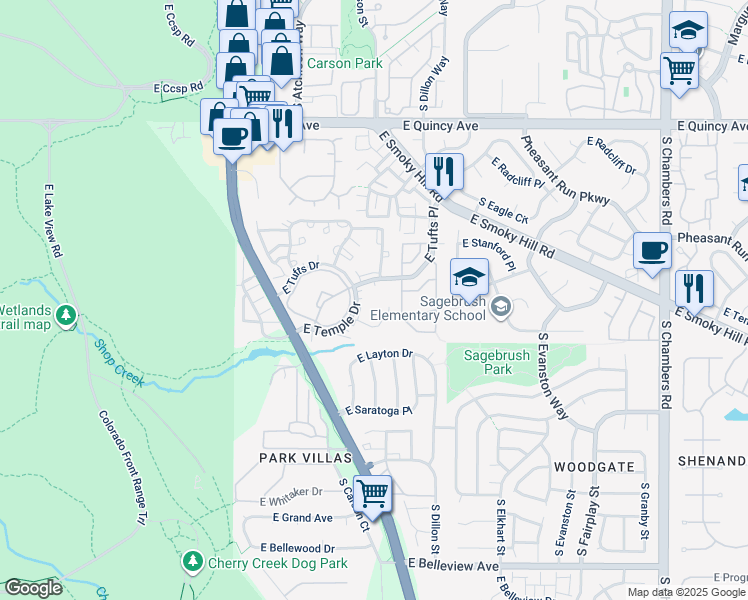 map of restaurants, bars, coffee shops, grocery stores, and more near 14190 East Temple Drive in Aurora