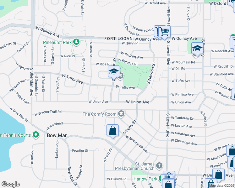 map of restaurants, bars, coffee shops, grocery stores, and more near 4612 South Quitman Street in Denver