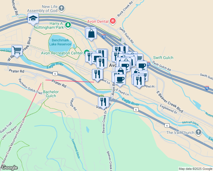 map of restaurants, bars, coffee shops, grocery stores, and more near 126 Riverfront Lane in Avon