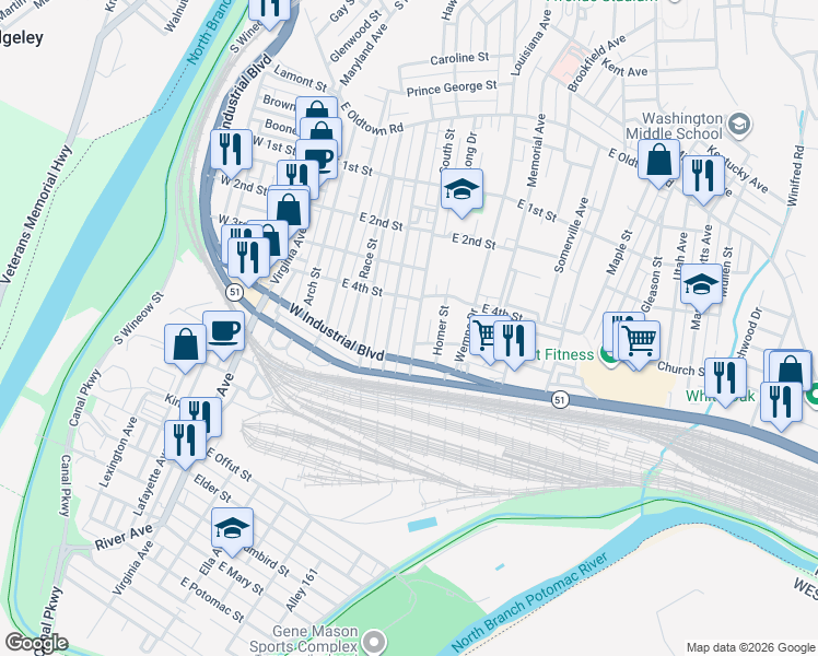 map of restaurants, bars, coffee shops, grocery stores, and more near 416 Pennsylvania Avenue in Cumberland