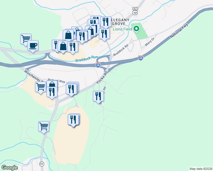 map of restaurants, bars, coffee shops, grocery stores, and more near 19 Martz Lane in La Vale