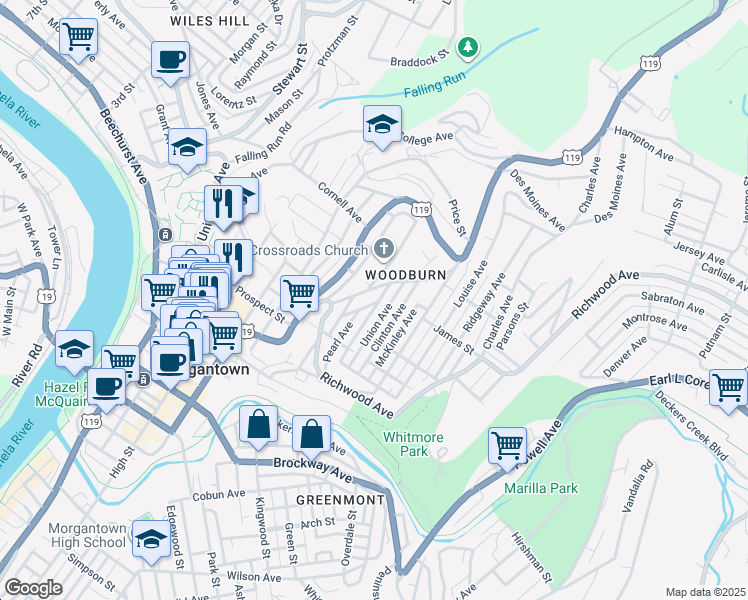 map of restaurants, bars, coffee shops, grocery stores, and more near 750 Snider Street in Morgantown