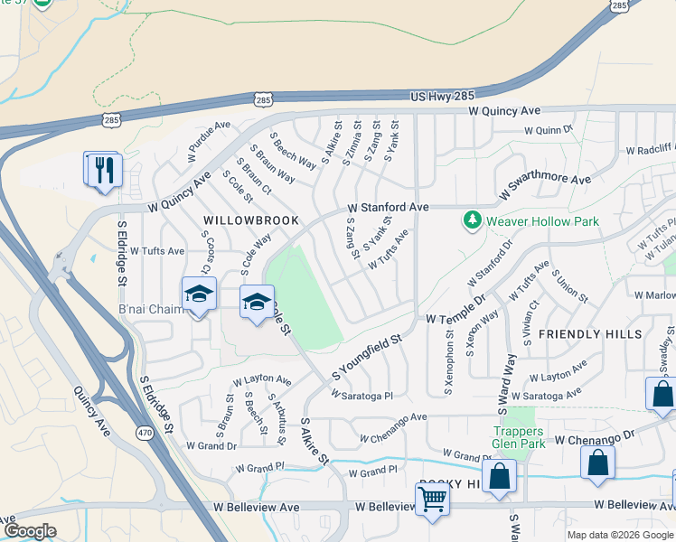 map of restaurants, bars, coffee shops, grocery stores, and more near 4569 South Alkire Street in Morrison