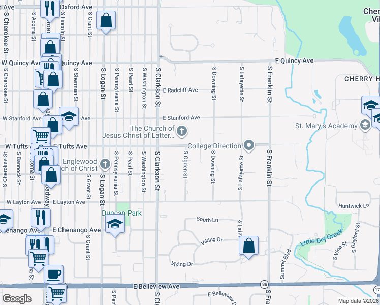map of restaurants, bars, coffee shops, grocery stores, and more near 980 East Tufts Avenue in Englewood