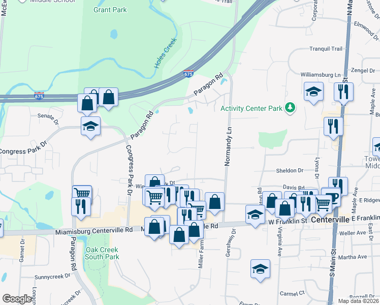 map of restaurants, bars, coffee shops, grocery stores, and more near 7699 Essington Circle in Dayton