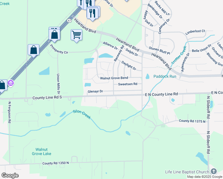map of restaurants, bars, coffee shops, grocery stores, and more near 10770 Glenayr Drive in Hendricks County