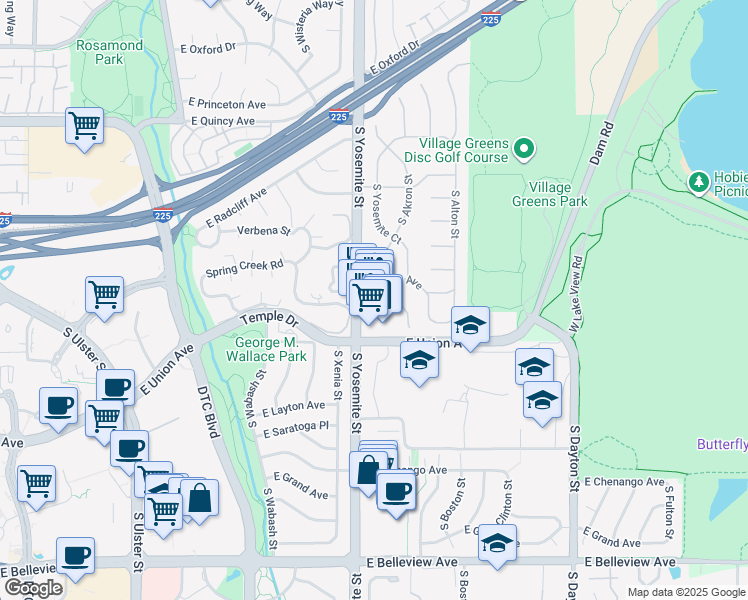 map of restaurants, bars, coffee shops, grocery stores, and more near 4620 South Yosemite Street in Greenwood Village