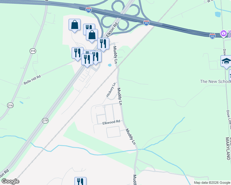 map of restaurants, bars, coffee shops, grocery stores, and more near 201 Bluegrass Drive in Elkton