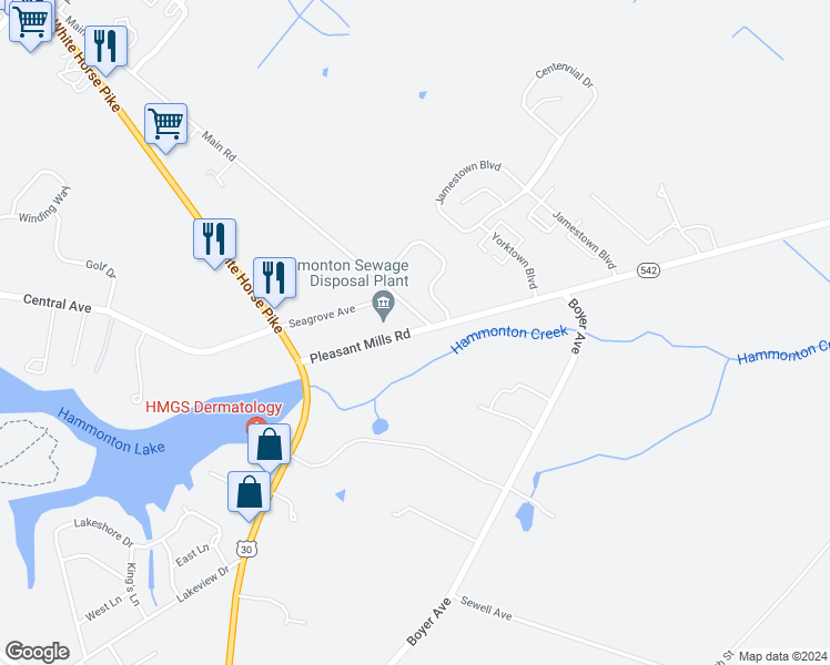 map of restaurants, bars, coffee shops, grocery stores, and more near 86 Pleasant Mills Road in Hammonton