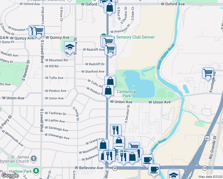 map of restaurants, bars, coffee shops, grocery stores, and more near 4560 South Federal Boulevard in Englewood