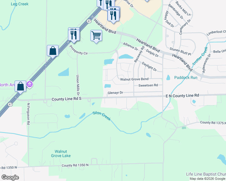 map of restaurants, bars, coffee shops, grocery stores, and more near 10636 Glenayr Drive in Hendricks