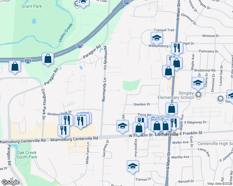 map of restaurants, bars, coffee shops, grocery stores, and more near 7702 Normandy Lane in Dayton