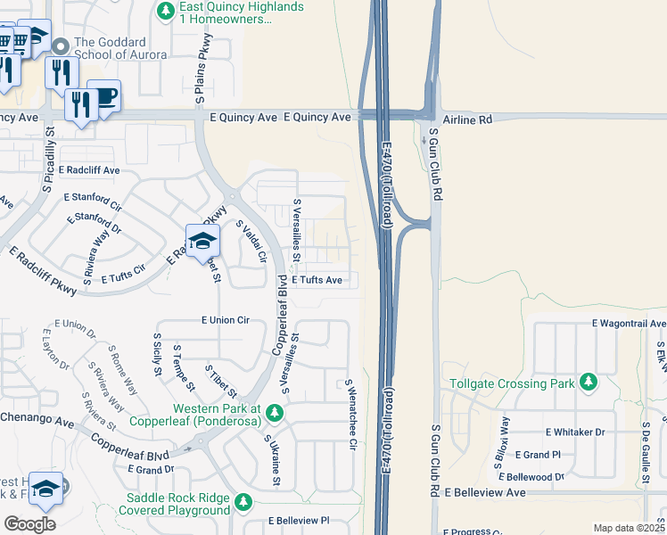 map of restaurants, bars, coffee shops, grocery stores, and more near E-470 Toll in Aurora