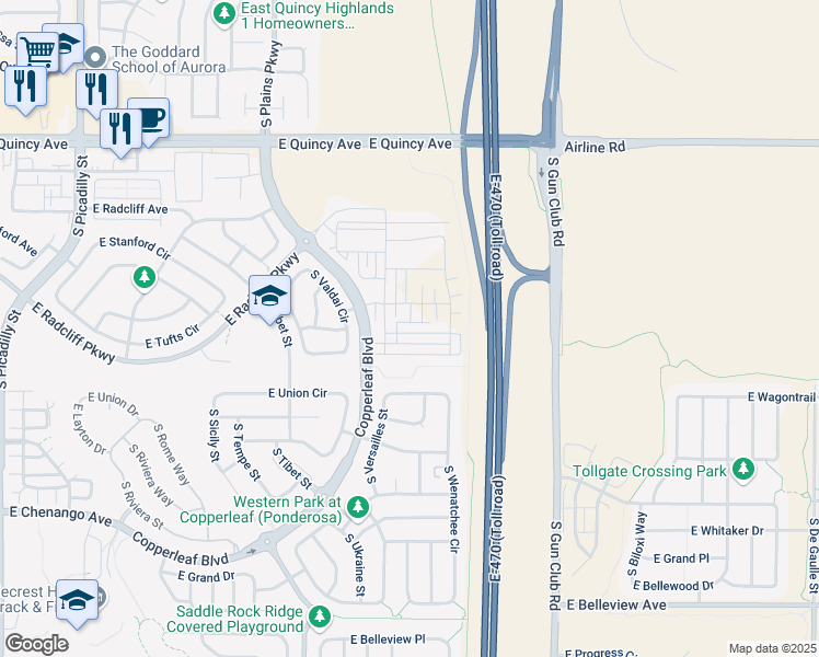 map of restaurants, bars, coffee shops, grocery stores, and more near Copperleaf Boulevard in Aurora
