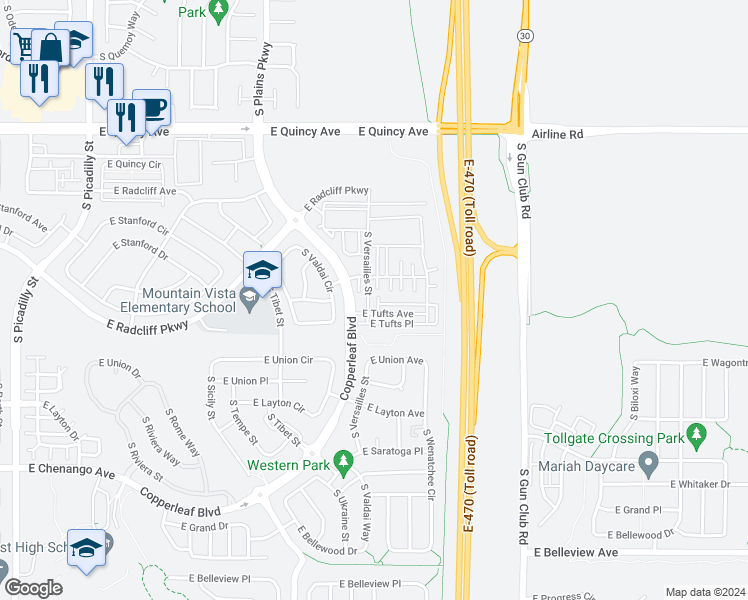 map of restaurants, bars, coffee shops, grocery stores, and more near Copperleaf Boulevard in Aurora