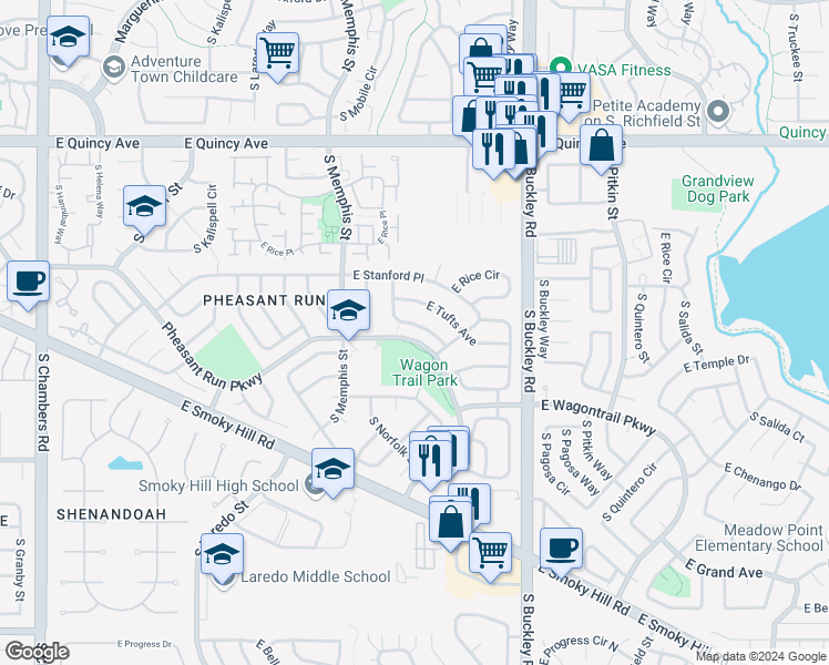 map of restaurants, bars, coffee shops, grocery stores, and more near 4633 South Norfolk Way in Aurora