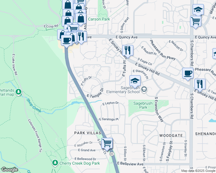 map of restaurants, bars, coffee shops, grocery stores, and more near 14190 East Temple Drive in Aurora