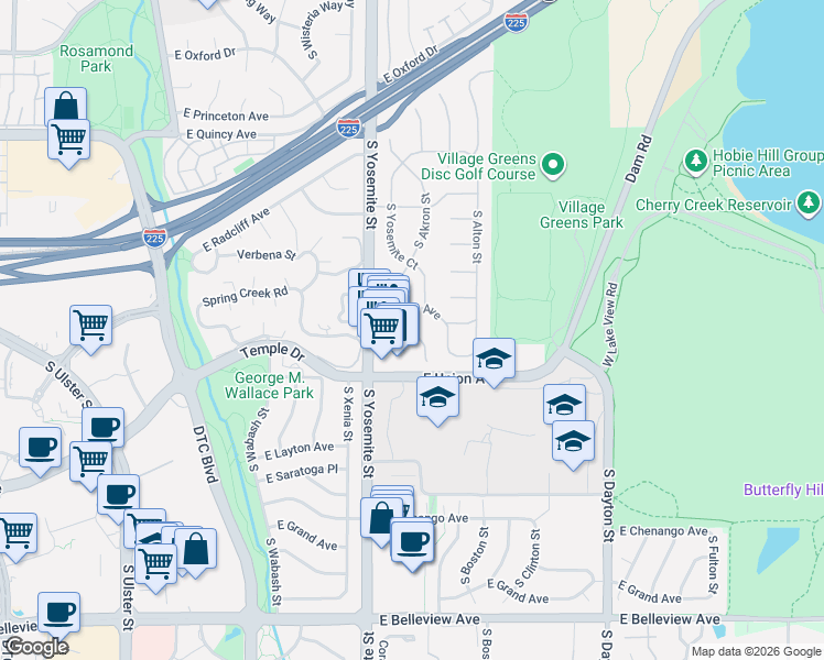 map of restaurants, bars, coffee shops, grocery stores, and more near 9050 East Tufts Avenue in Greenwood Village