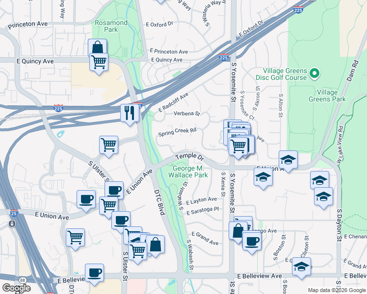 map of restaurants, bars, coffee shops, grocery stores, and more near 470 East Temple Drive in Denver