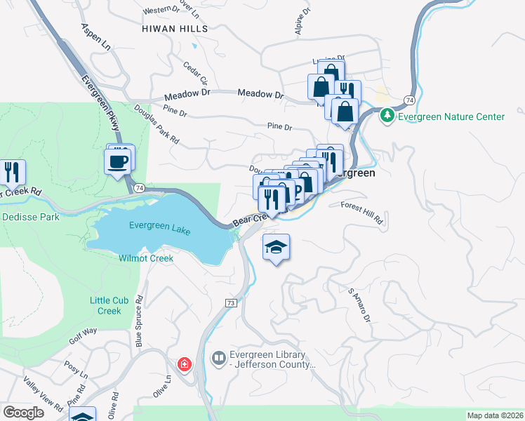map of restaurants, bars, coffee shops, grocery stores, and more near 28285 Colorado 74 in Evergreen