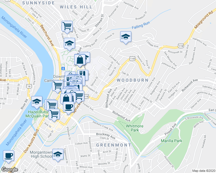 map of restaurants, bars, coffee shops, grocery stores, and more near 675 Willey Street in Morgantown