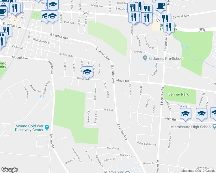 map of restaurants, bars, coffee shops, grocery stores, and more near 507 South Linden Avenue in Miamisburg