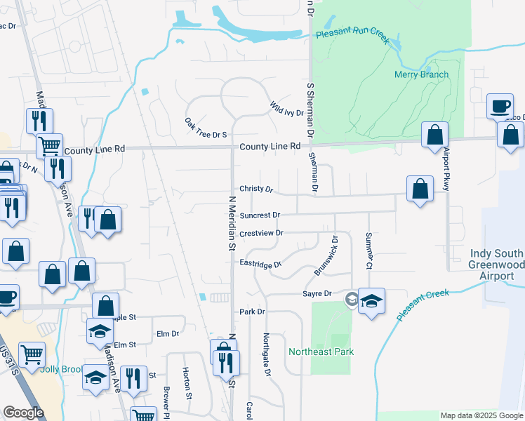 map of restaurants, bars, coffee shops, grocery stores, and more near 66 Suncrest Drive in Greenwood