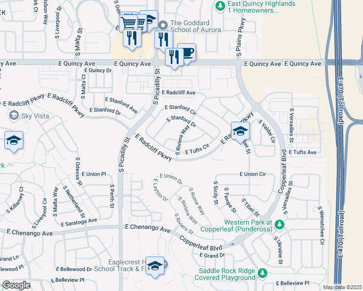 map of restaurants, bars, coffee shops, grocery stores, and more near 21664 East Stanford Drive in Aurora