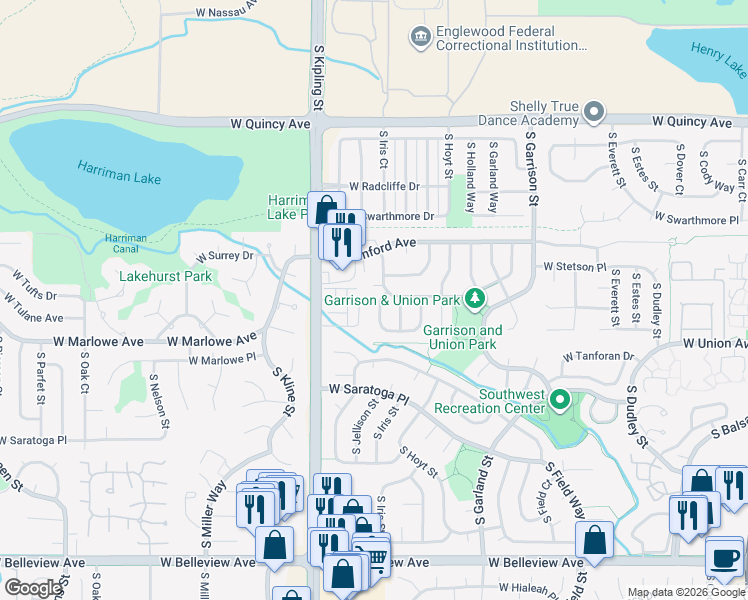 map of restaurants, bars, coffee shops, grocery stores, and more near 4613 South Jellison Street in Littleton