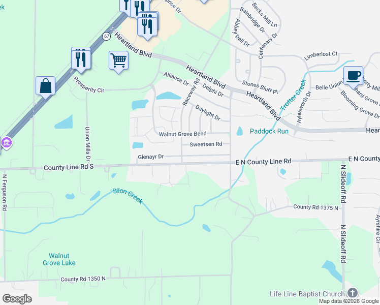 map of restaurants, bars, coffee shops, grocery stores, and more near 10831 Sweetsen Road in Hendricks County