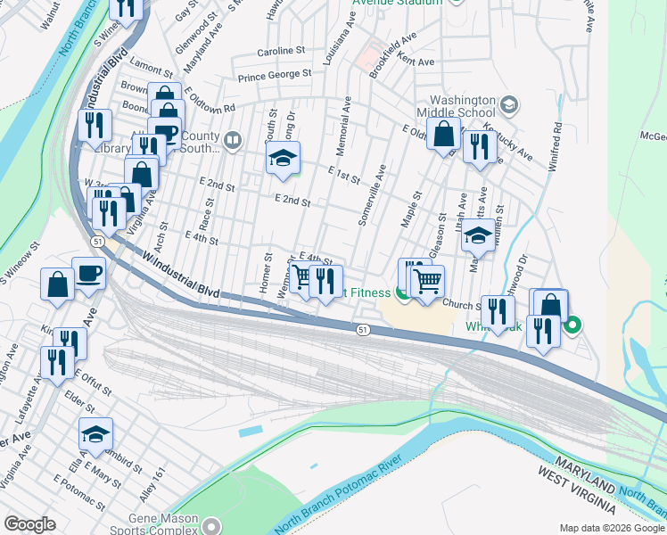 map of restaurants, bars, coffee shops, grocery stores, and more near 751 East 4th Street in Cumberland