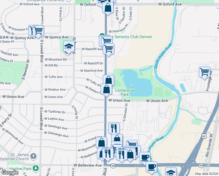 map of restaurants, bars, coffee shops, grocery stores, and more near 4560 South Federal Boulevard in Englewood
